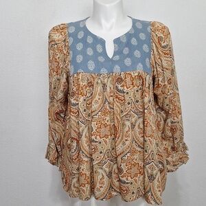 Jodifl Bohemian Paisley Mixed Media Hippie Balloon Sleeve Peasant Boho Top L
